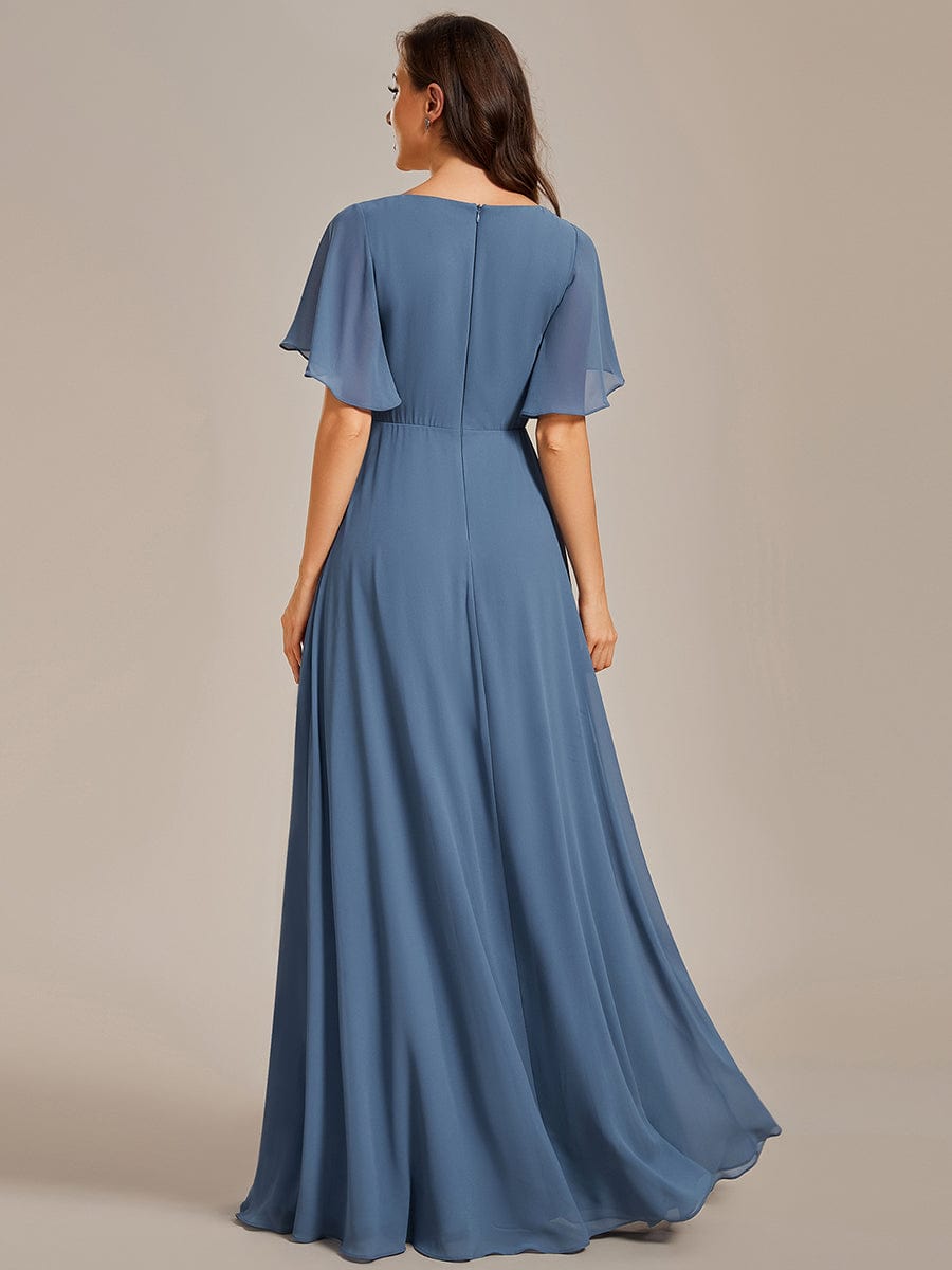 Ruffles Sleeve A-Line Chiffon Waist Applique Maxi Evening Dress #color_Dusty Navy Ruffles Sleeve A-Line Chiffon Waist Applique Maxi Evening Dress #color_Dusty Navy