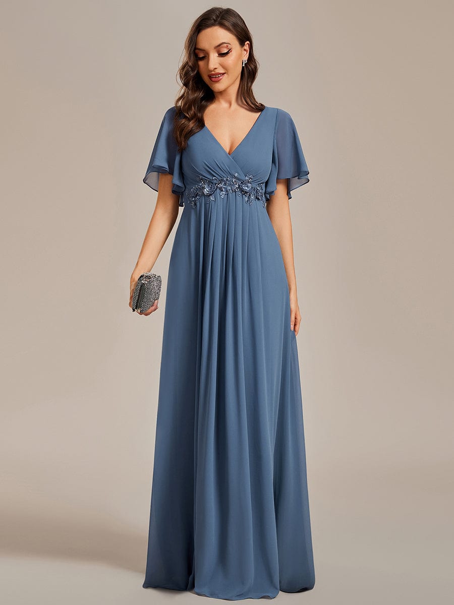 Ruffles Sleeve A-Line Chiffon Waist Applique Maxi Evening Dress #color_Dusty Navy Ruffles Sleeve A-Line Chiffon Waist Applique Maxi Evening Dress #color_Dusty Navy
