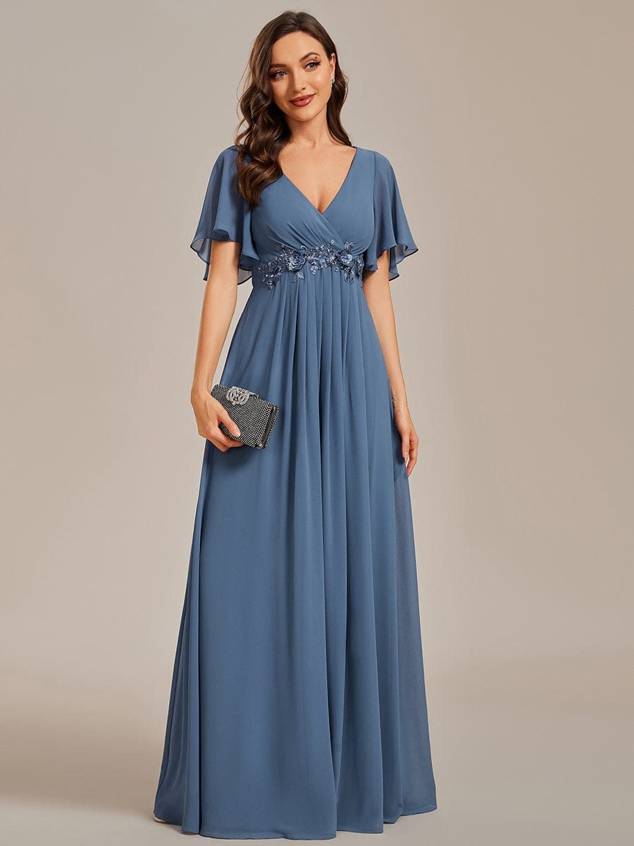 Ruffles Sleeve A-Line Chiffon Waist Applique Maxi Evening Dress #color_Dusty Navy Ruffles Sleeve A-Line Chiffon Waist Applique Maxi Evening Dress #color_Dusty Navy