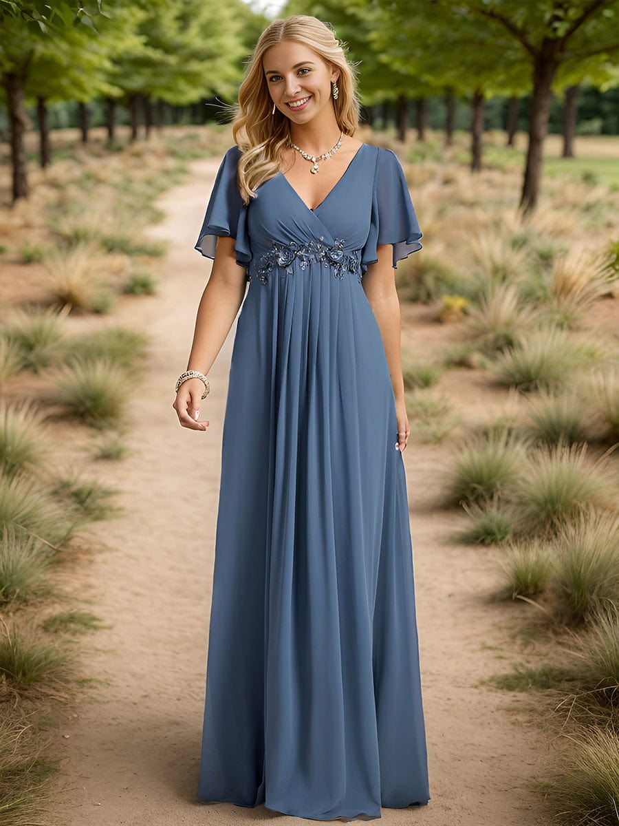 Ruffles Sleeve A-Line Chiffon Waist Applique Maxi Evening Dress #color_Dusty Navy Ruffles Sleeve A-Line Chiffon Waist Applique Maxi Evening Dress #color_Dusty Navy