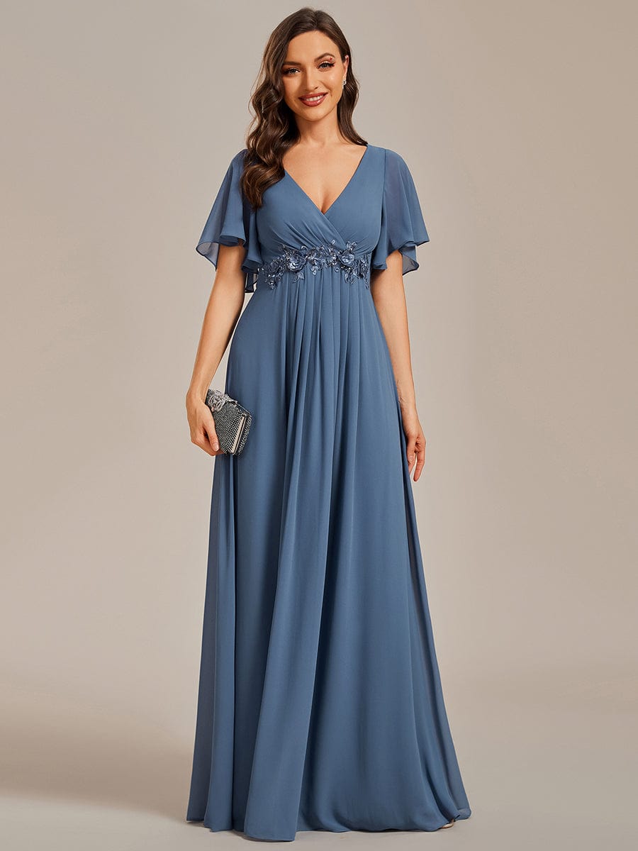 Ruffles Sleeve A-Line Chiffon Waist Applique Maxi Evening Dress #color_Dusty Navy Ruffles Sleeve A-Line Chiffon Waist Applique Maxi Evening Dress #color_Dusty Navy