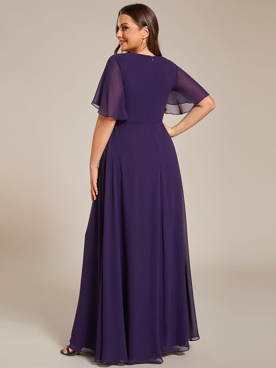 Plus Size Floral Applique Short Sleeve A-Line Chiffon Evening Dress #color_Dark Purple Plus Size Floral Applique Short Sleeve A-Line Chiffon Evening Dress #color_Dark Purple