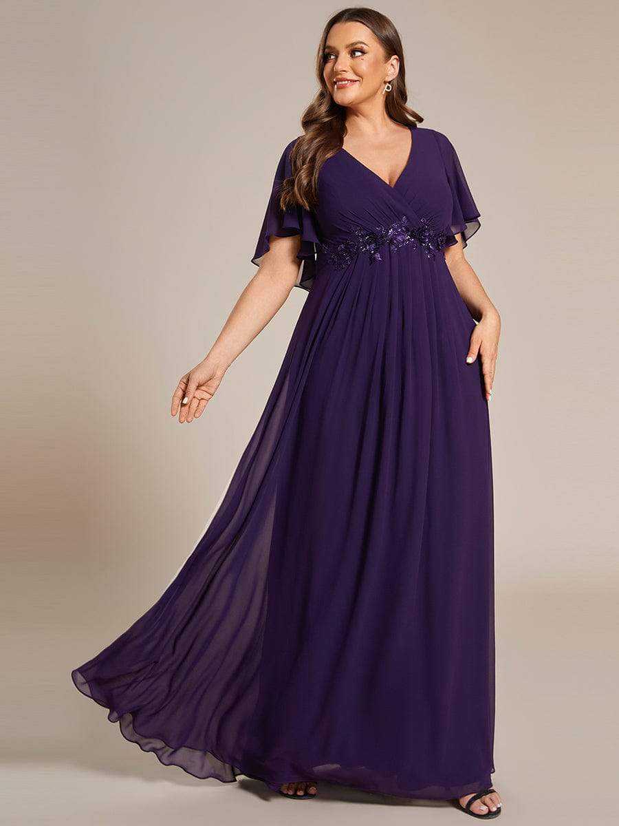 Plus Size Floral Applique Short Sleeve A-Line Chiffon Evening Dress #color_Dark Purple Plus Size Floral Applique Short Sleeve A-Line Chiffon Evening Dress #color_Dark Purple