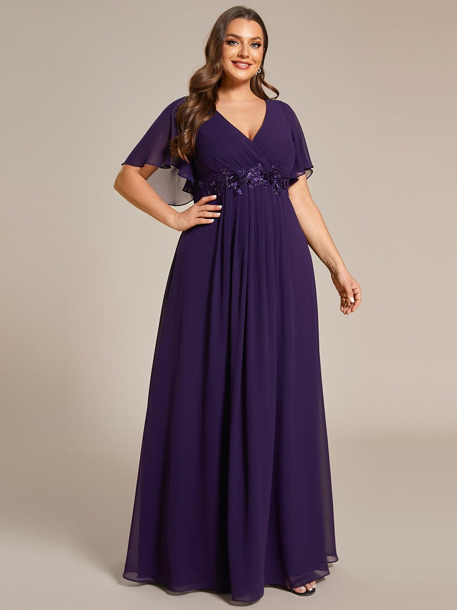 Plus Size Floral Applique Short Sleeve A-Line Chiffon Evening Dress #color_Dark Purple Plus Size Floral Applique Short Sleeve A-Line Chiffon Evening Dress #color_Dark Purple