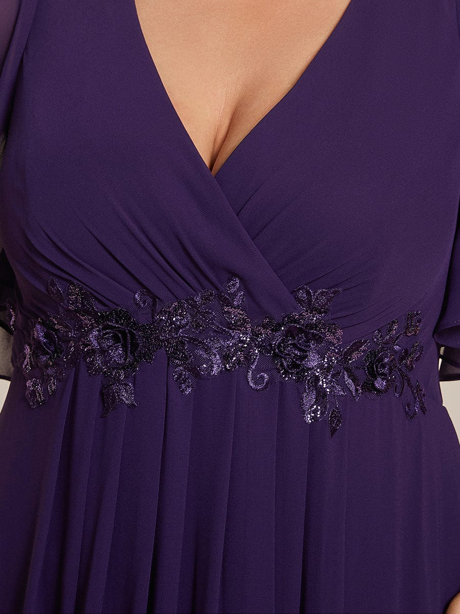 Plus Size Floral Applique Short Sleeve A-Line Chiffon Evening Dress #color_Dark Purple Plus Size Floral Applique Short Sleeve A-Line Chiffon Evening Dress #color_Dark Purple