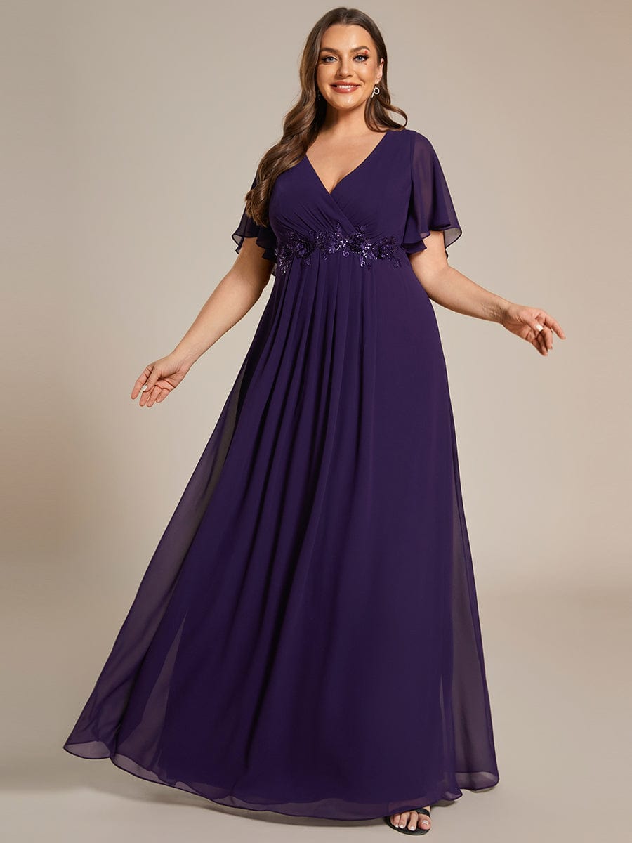 Ruffles Sleeve A-Line Chiffon Waist Applique Maxi Evening Dress #color_Dark Purple Ruffles Sleeve A-Line Chiffon Waist Applique Maxi Evening Dress #color_Dark Purple