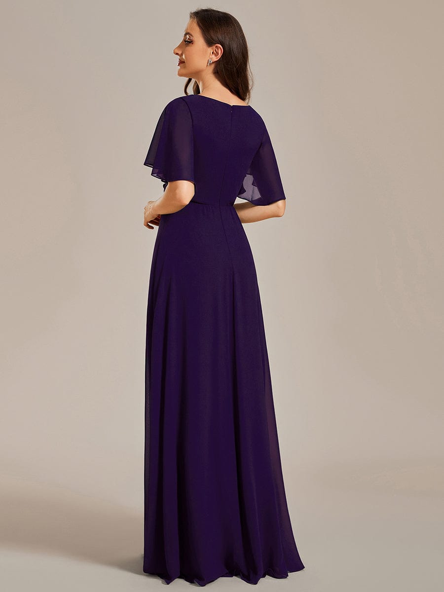 Ruffles Sleeve A-Line Chiffon Waist Applique Maxi Evening Dress #color_Dark Purple Ruffles Sleeve A-Line Chiffon Waist Applique Maxi Evening Dress #color_Dark Purple