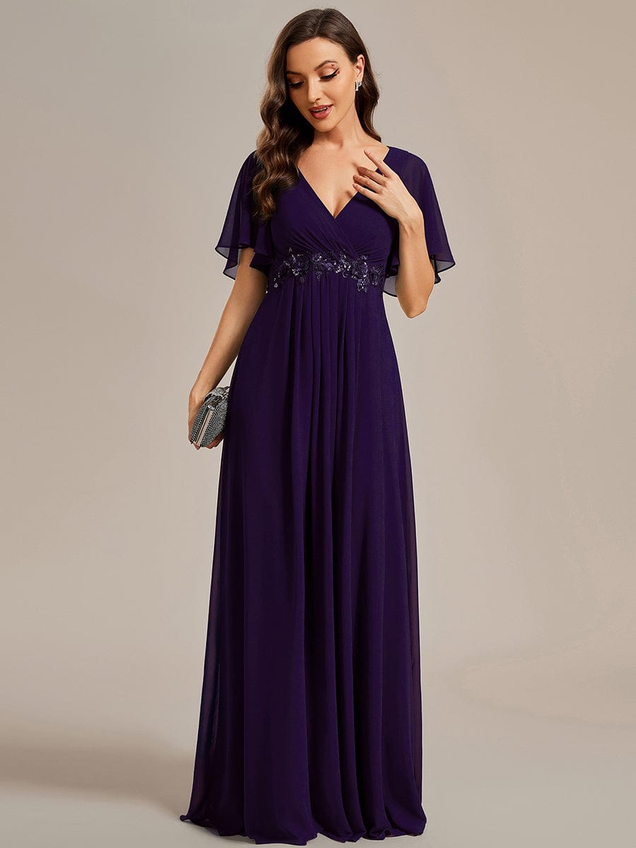 Ruffles Sleeve A-Line Chiffon Waist Applique Maxi Evening Dress #color_Dark Purple Ruffles Sleeve A-Line Chiffon Waist Applique Maxi Evening Dress #color_Dark Purple