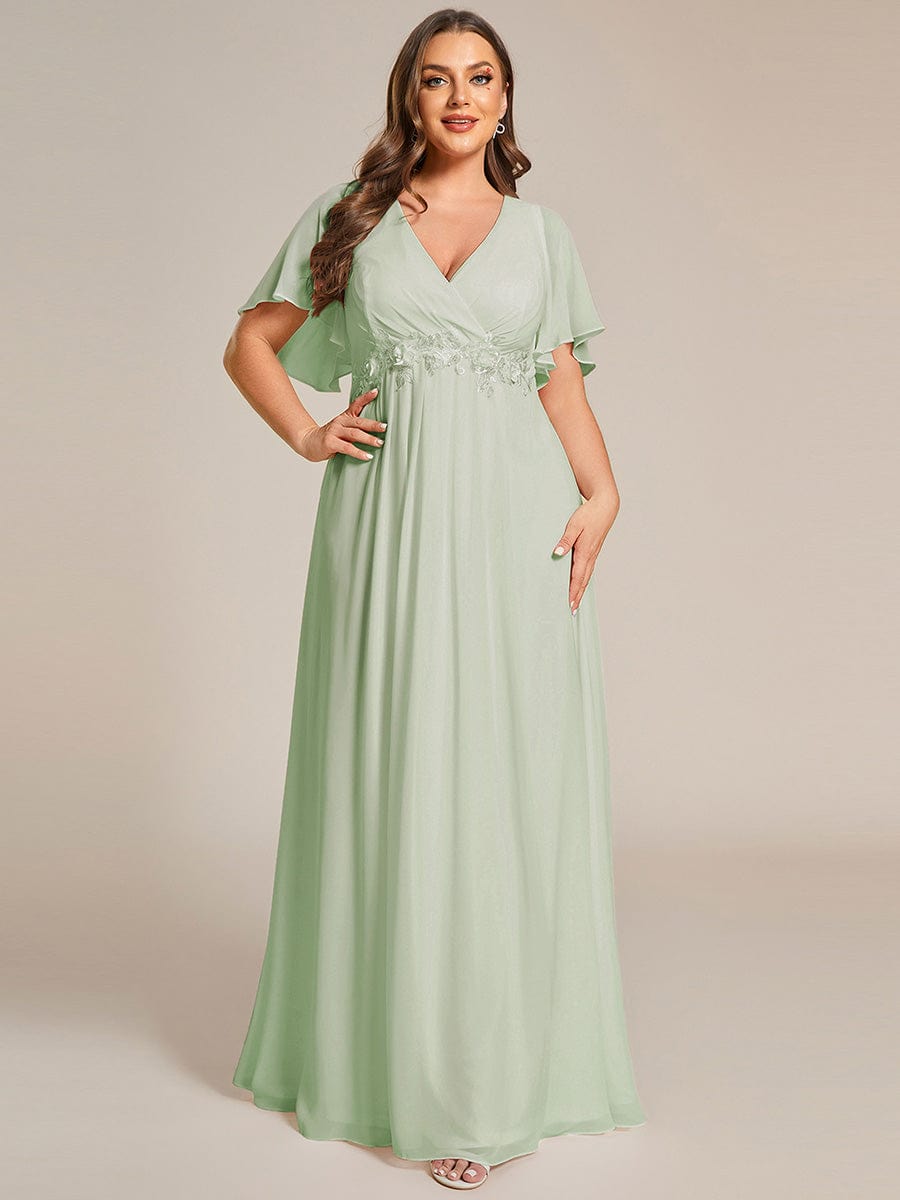 Plus Size Floral Applique Short Sleeve A-Line Chiffon Evening Dress #color_Mint Green Plus Size Floral Applique Short Sleeve A-Line Chiffon Evening Dress #color_Mint Green