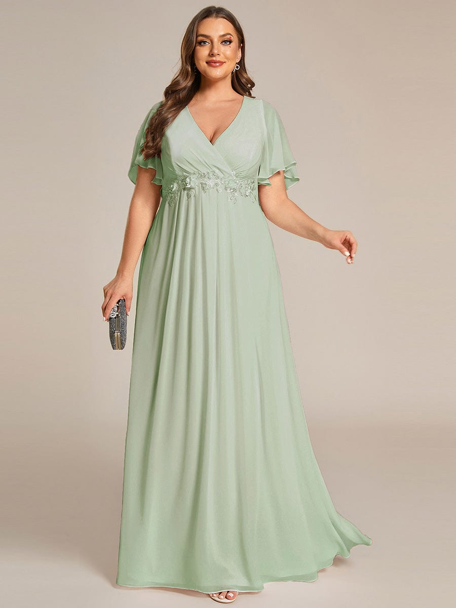 Plus Size Floral Applique Short Sleeve A-Line Chiffon Evening Dress #color_Mint Green Plus Size Floral Applique Short Sleeve A-Line Chiffon Evening Dress #color_Mint Green