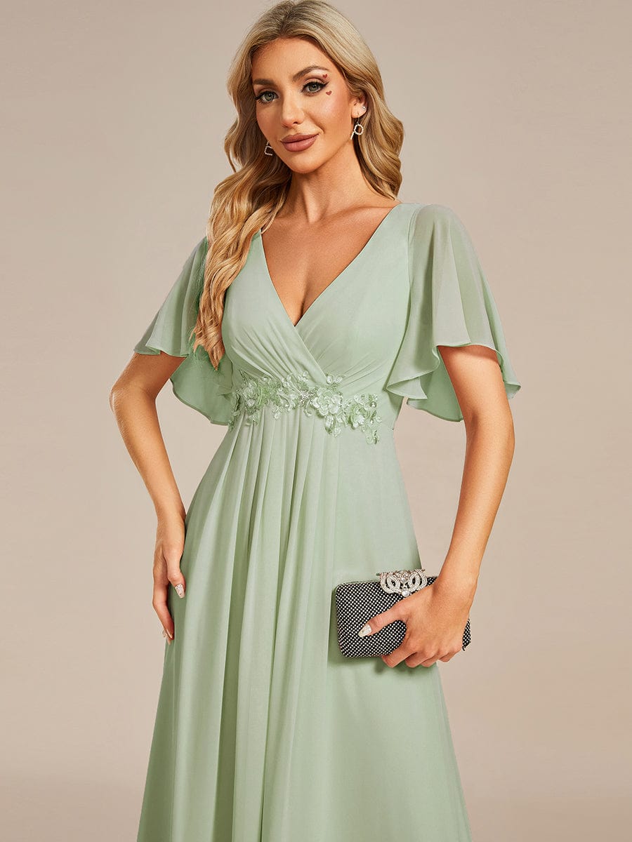 Ruffles Sleeve A-Line Chiffon Waist Applique Maxi Evening Dress #color_Mint Green Ruffles Sleeve A-Line Chiffon Waist Applique Maxi Evening Dress #color_Mint Green
