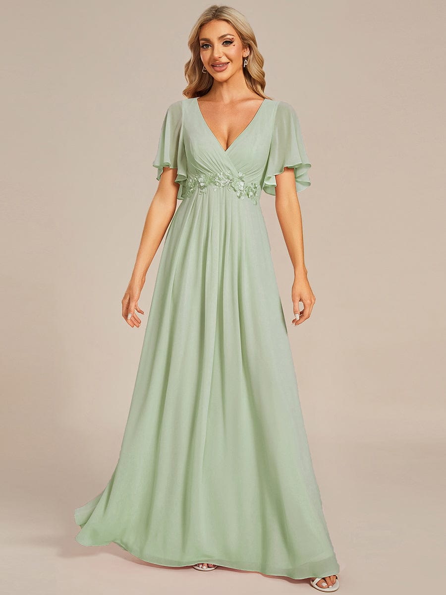 Ruffles Sleeve A-Line Chiffon Waist Applique Maxi Evening Dress #color_Mint Green Ruffles Sleeve A-Line Chiffon Waist Applique Maxi Evening Dress #color_Mint Green