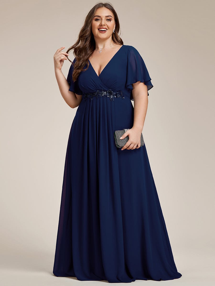 Plus Size Floral Applique Short Sleeve A-Line Chiffon Evening Dress #color_Navy Blue Plus Size Floral Applique Short Sleeve A-Line Chiffon Evening Dress #color_Navy Blue