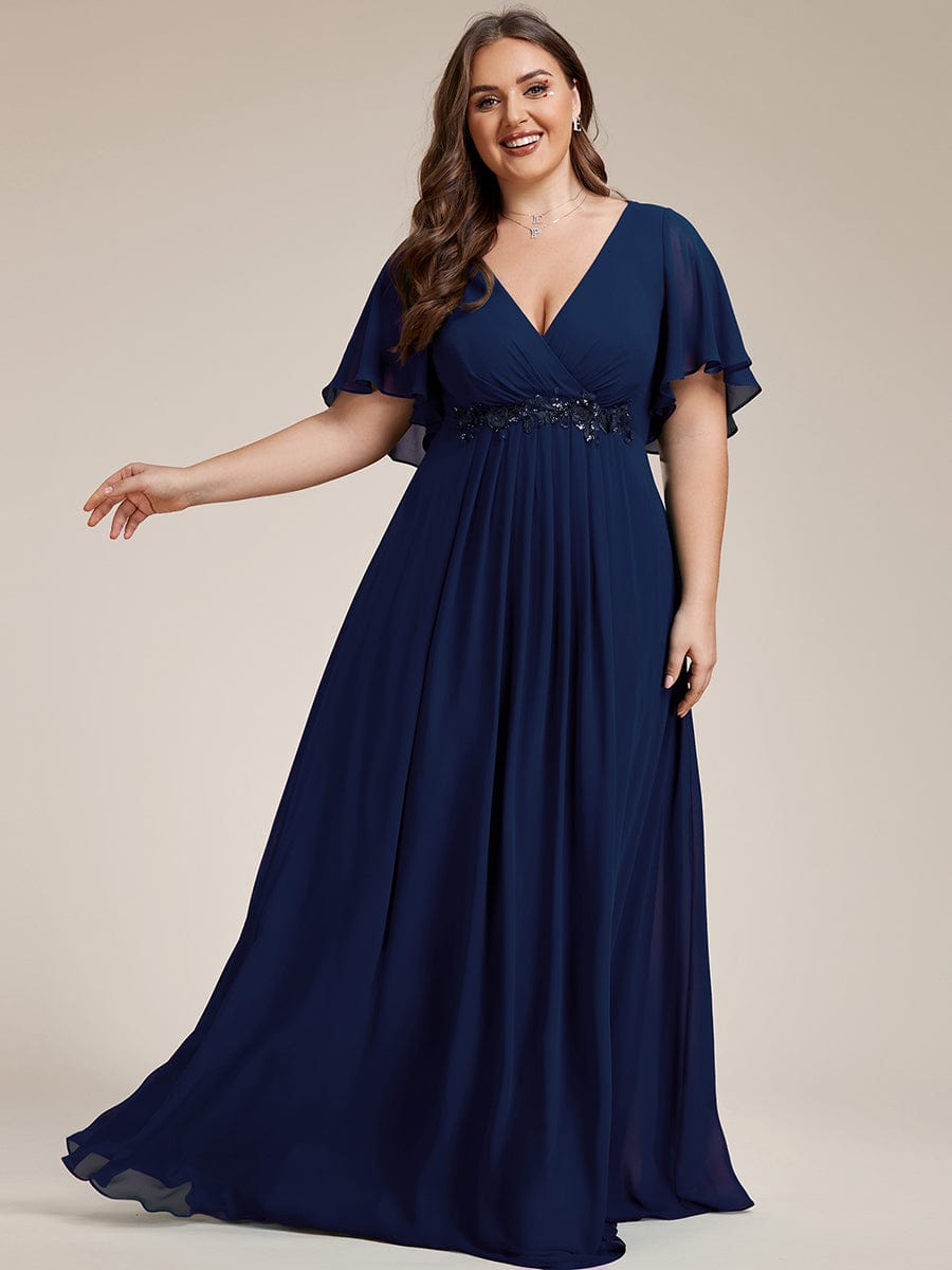 Plus Size Floral Applique Short Sleeve A-Line Chiffon Evening Dress #color_Navy Blue Plus Size Floral Applique Short Sleeve A-Line Chiffon Evening Dress #color_Navy Blue