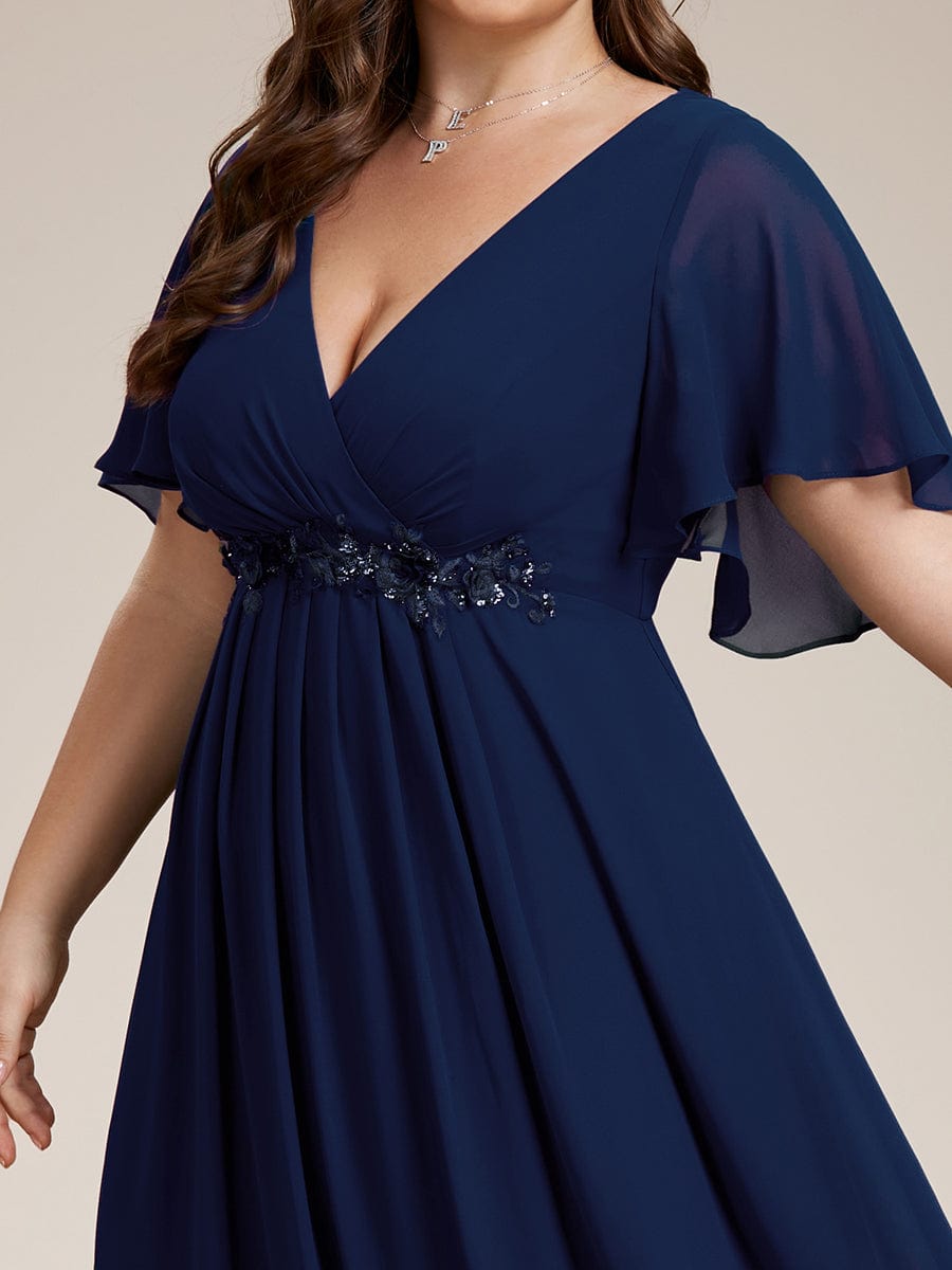 Plus Size Floral Applique Short Sleeve A-Line Chiffon Evening Dress #color_Navy Blue Plus Size Floral Applique Short Sleeve A-Line Chiffon Evening Dress #color_Navy Blue