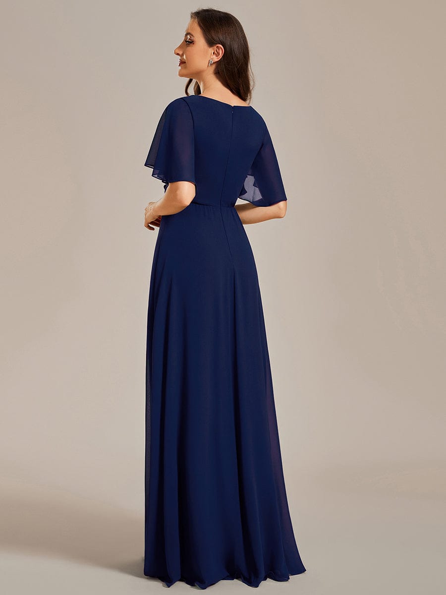 Ruffles Sleeve A-Line Chiffon Waist Applique Maxi Evening Dress #color_Navy Blue Ruffles Sleeve A-Line Chiffon Waist Applique Maxi Evening Dress #color_Navy Blue
