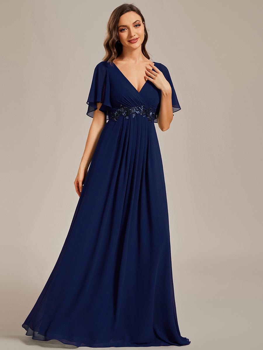 Ruffles Sleeve A-Line Chiffon Waist Applique Maxi Evening Dress #color_Navy Blue Ruffles Sleeve A-Line Chiffon Waist Applique Maxi Evening Dress #color_Navy Blue
