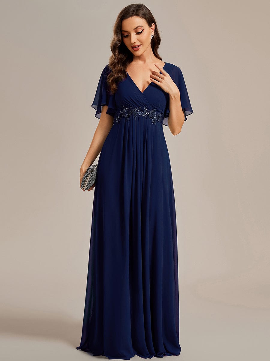 Ruffles Sleeve A-Line Chiffon Waist Applique Maxi Evening Dress #color_Navy Blue Ruffles Sleeve A-Line Chiffon Waist Applique Maxi Evening Dress #color_Navy Blue