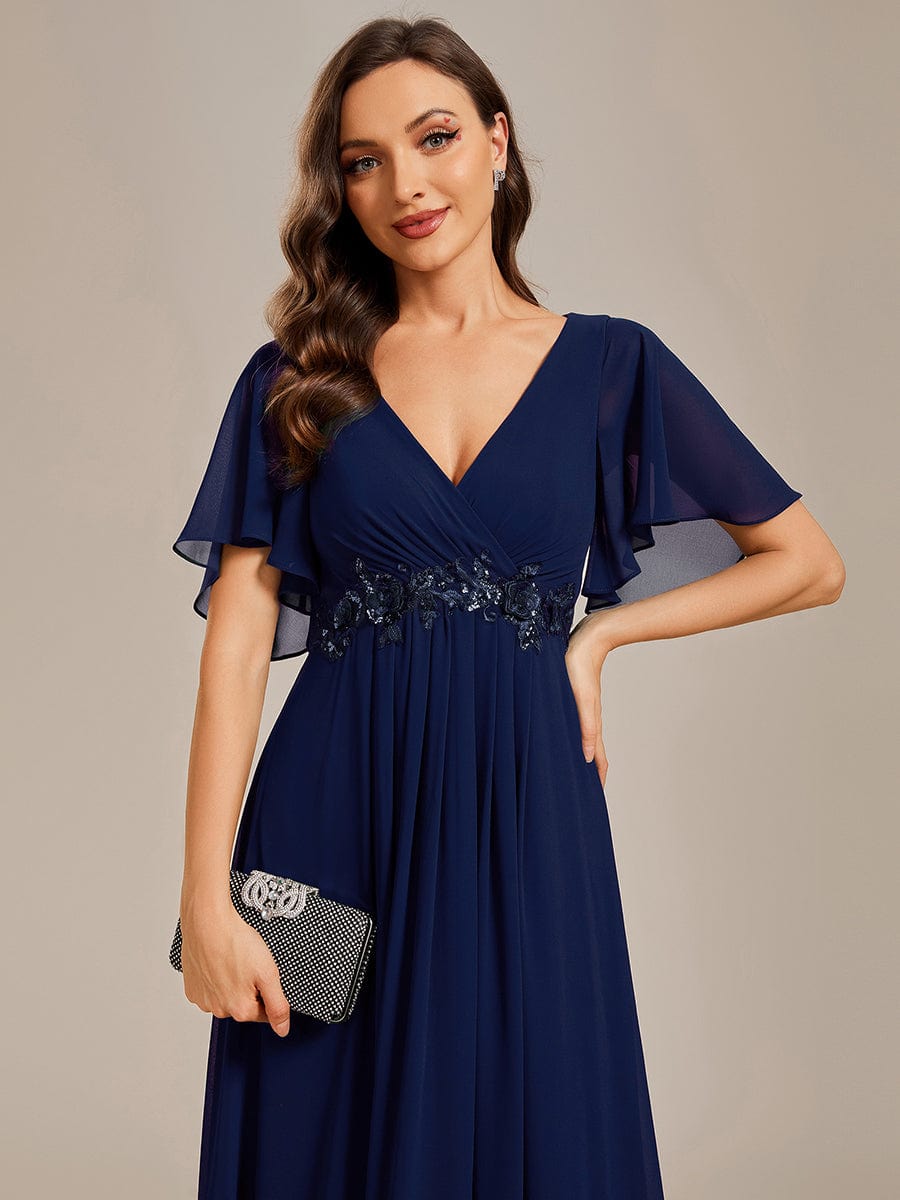 Ruffles Sleeve A-Line Chiffon Waist Applique Maxi Evening Dress #color_Navy Blue Ruffles Sleeve A-Line Chiffon Waist Applique Maxi Evening Dress #color_Navy Blue