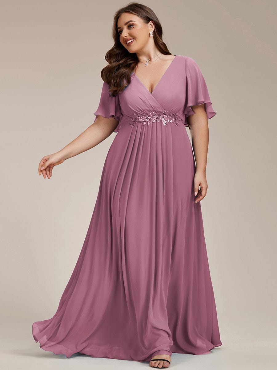 Plus Size Floral Applique Short Sleeve A-Line Chiffon Evening Dress #color_Purple Orchid Plus Size Floral Applique Short Sleeve A-Line Chiffon Evening Dress #color_Purple Orchid