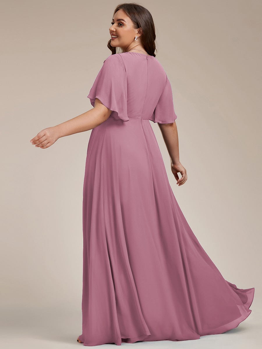 Plus Size Floral Applique Short Sleeve A-Line Chiffon Evening Dress #color_Purple Orchid Plus Size Floral Applique Short Sleeve A-Line Chiffon Evening Dress #color_Purple Orchid