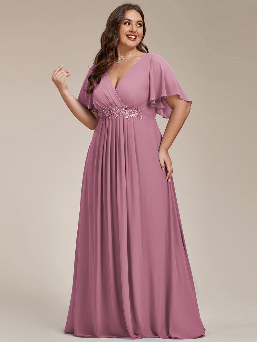 Plus Size Floral Applique Short Sleeve A-Line Chiffon Evening Dress #color_Purple Orchid Plus Size Floral Applique Short Sleeve A-Line Chiffon Evening Dress #color_Purple Orchid