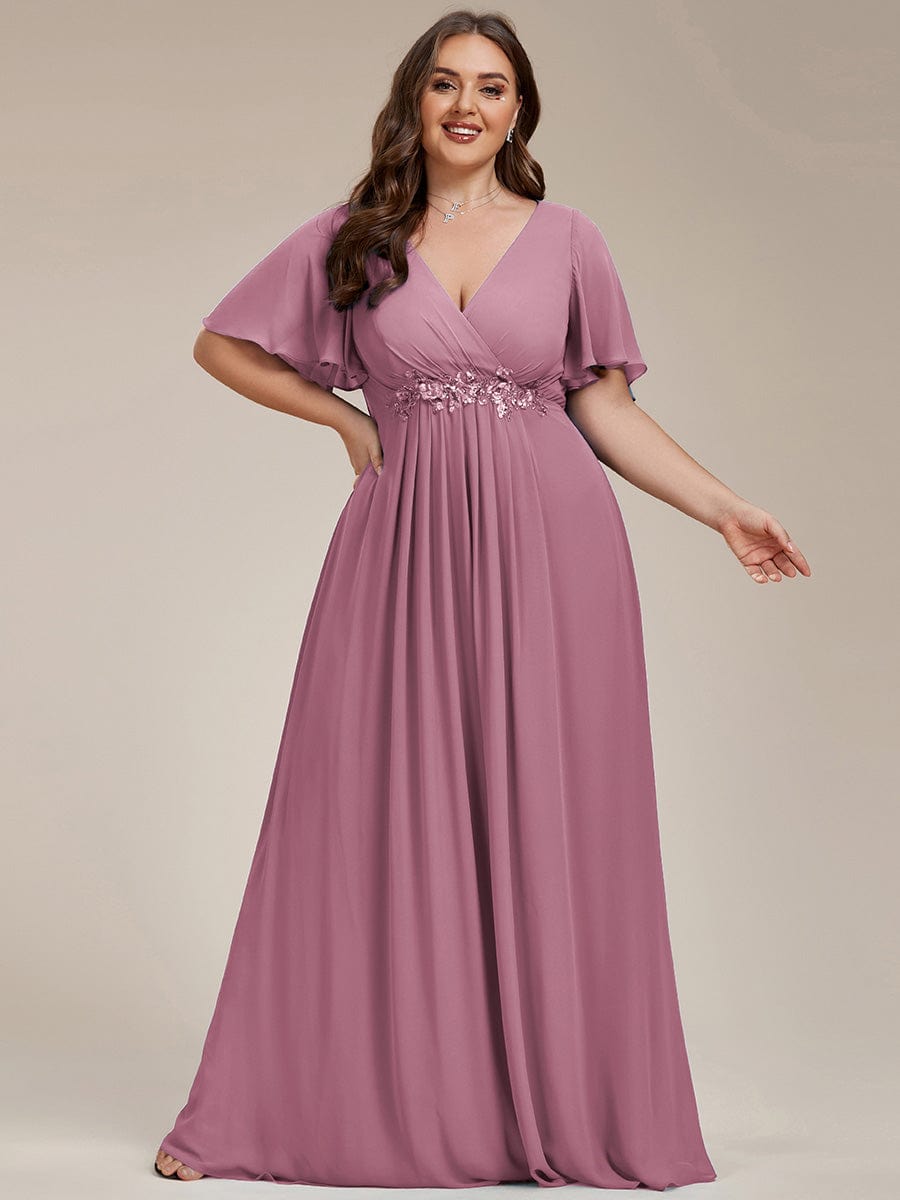 Plus Size Floral Applique Short Sleeve A-Line Chiffon Evening Dress #color_Purple Orchid Plus Size Floral Applique Short Sleeve A-Line Chiffon Evening Dress #color_Purple Orchid