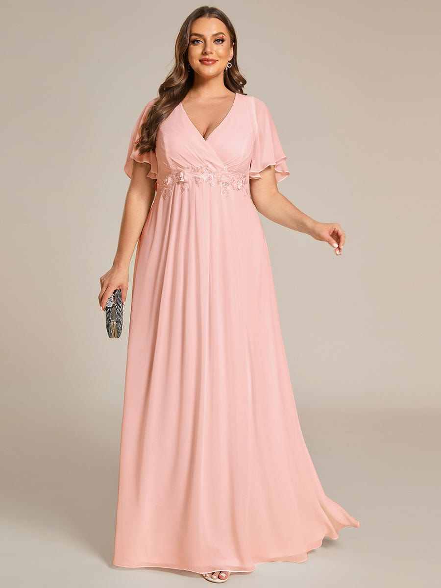Plus Size Floral Applique Short Sleeve A-Line Chiffon Evening Dress #color_Pink Plus Size Floral Applique Short Sleeve A-Line Chiffon Evening Dress #color_Pink