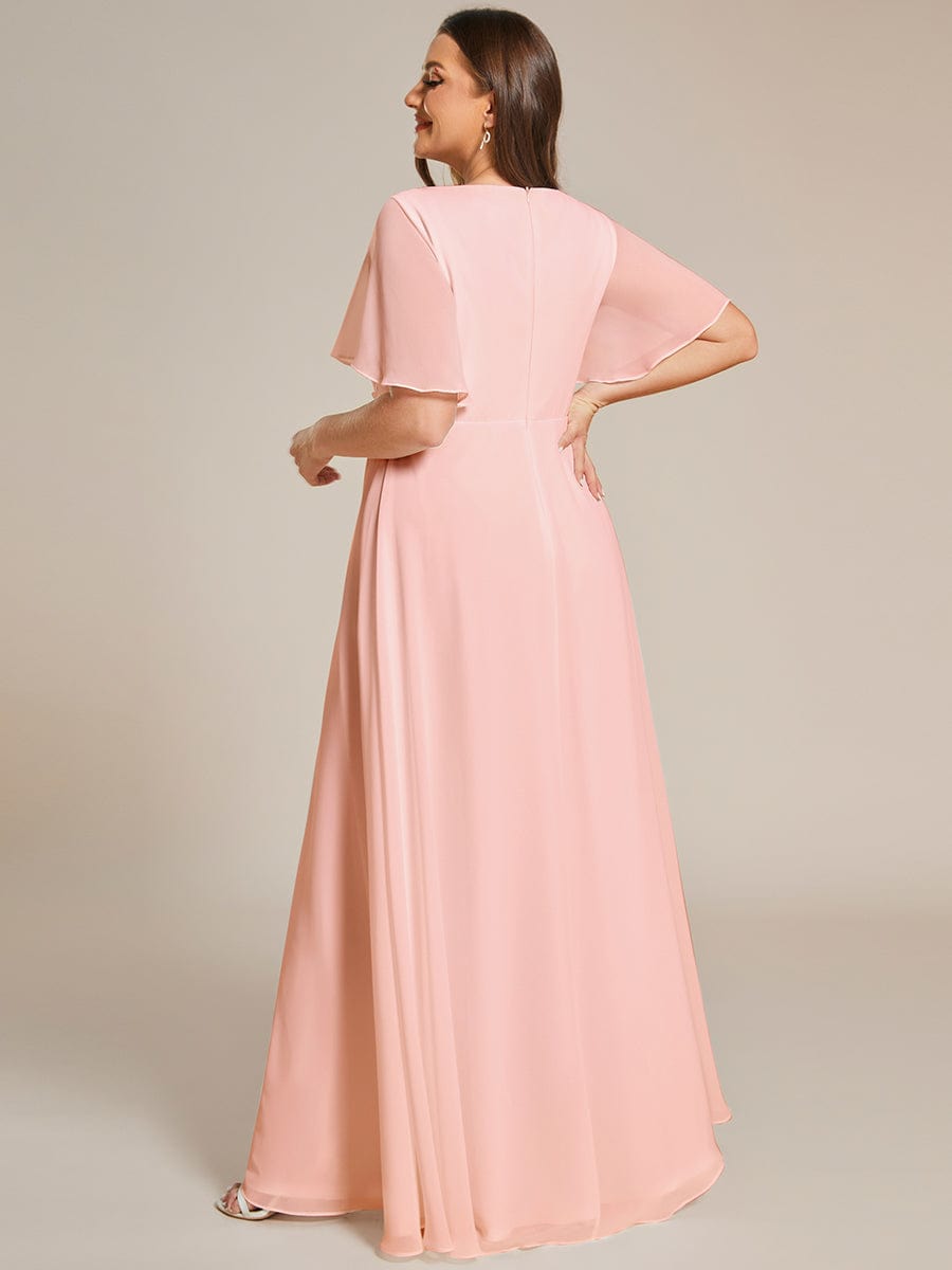 Plus Size Floral Applique Short Sleeve A-Line Chiffon Evening Dress #color_Pink Plus Size Floral Applique Short Sleeve A-Line Chiffon Evening Dress #color_Pink