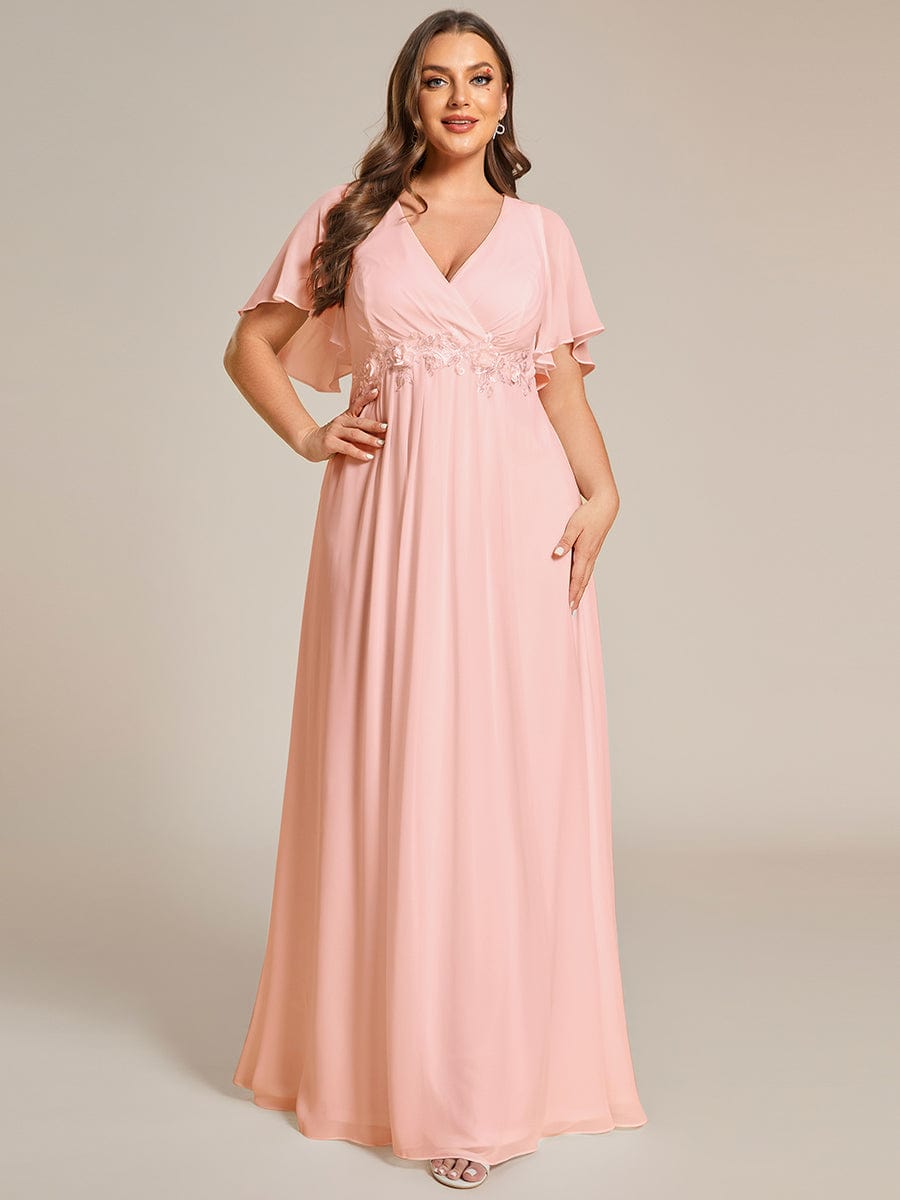 Plus Size Floral Applique Short Sleeve A-Line Chiffon Evening Dress #color_Pink Plus Size Floral Applique Short Sleeve A-Line Chiffon Evening Dress #color_Pink
