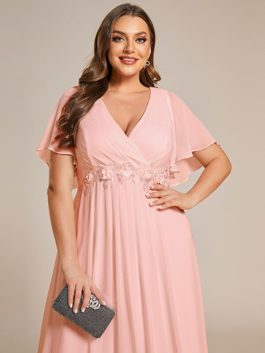 Plus Size Floral Applique Short Sleeve A-Line Chiffon Evening Dress #color_Pink Plus Size Floral Applique Short Sleeve A-Line Chiffon Evening Dress #color_Pink