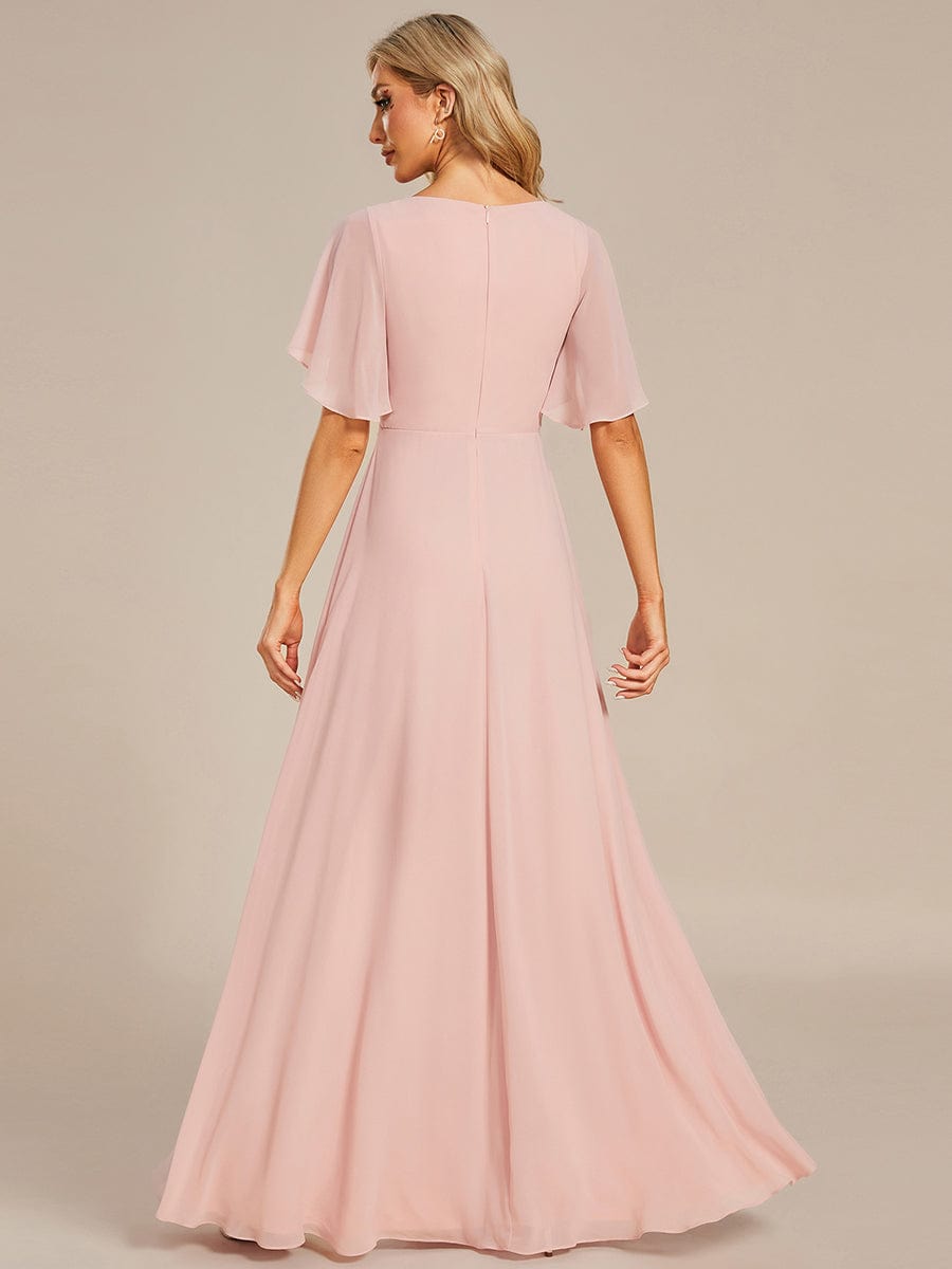 Ruffles Sleeve A-Line Chiffon Waist Applique Maxi Evening Dress #color_Pink Ruffles Sleeve A-Line Chiffon Waist Applique Maxi Evening Dress #color_Pink