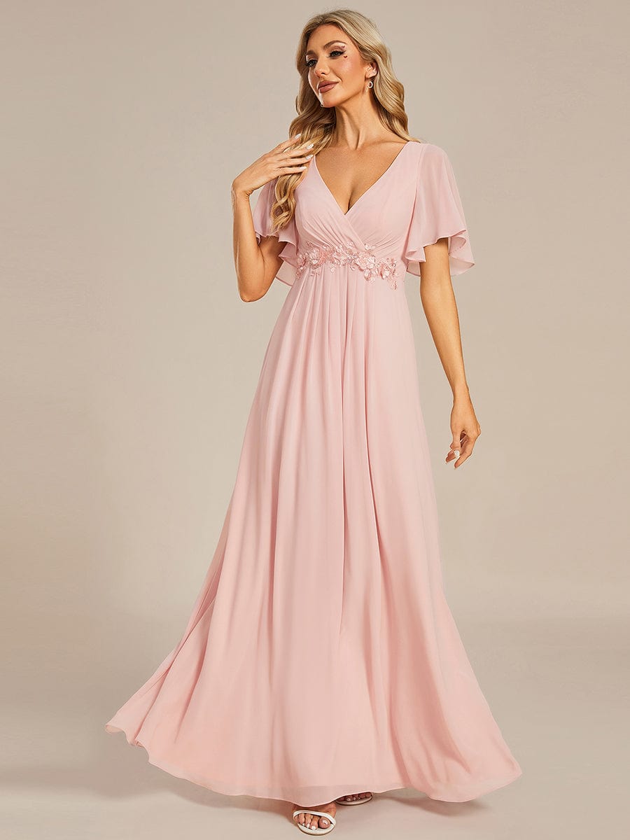 Ruffles Sleeve A-Line Chiffon Waist Applique Maxi Evening Dress #color_Pink Ruffles Sleeve A-Line Chiffon Waist Applique Maxi Evening Dress #color_Pink