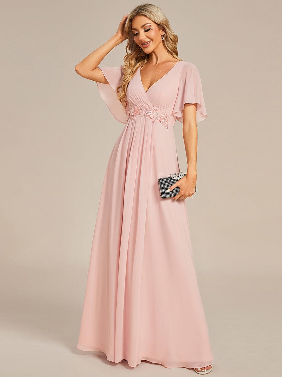 Ruffles Sleeve A-Line Chiffon Waist Applique Maxi Evening Dress #color_Pink Ruffles Sleeve A-Line Chiffon Waist Applique Maxi Evening Dress #color_Pink