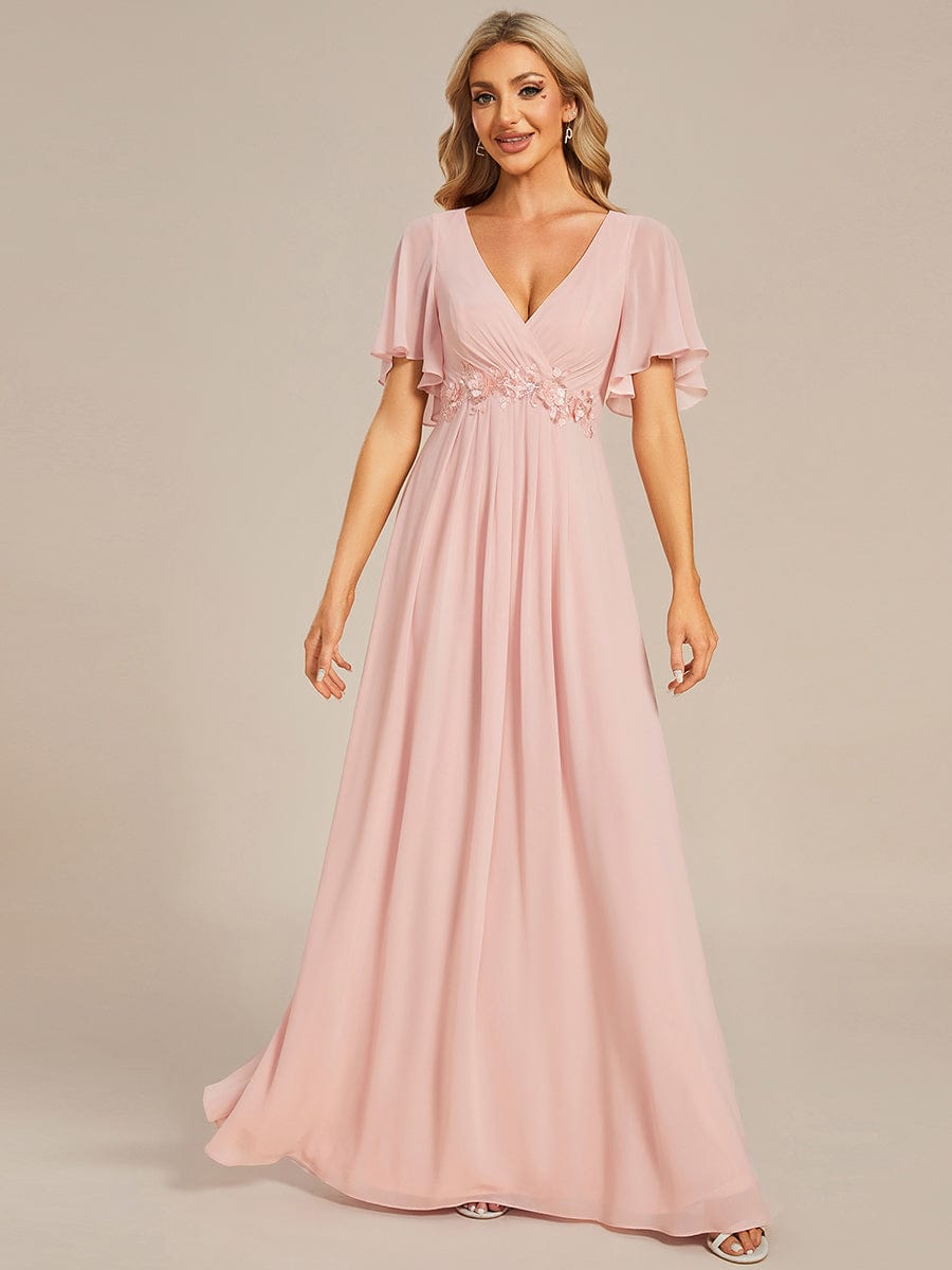 Ruffles Sleeve A-Line Chiffon Waist Applique Maxi Evening Dress #color_Pink Ruffles Sleeve A-Line Chiffon Waist Applique Maxi Evening Dress #color_Pink