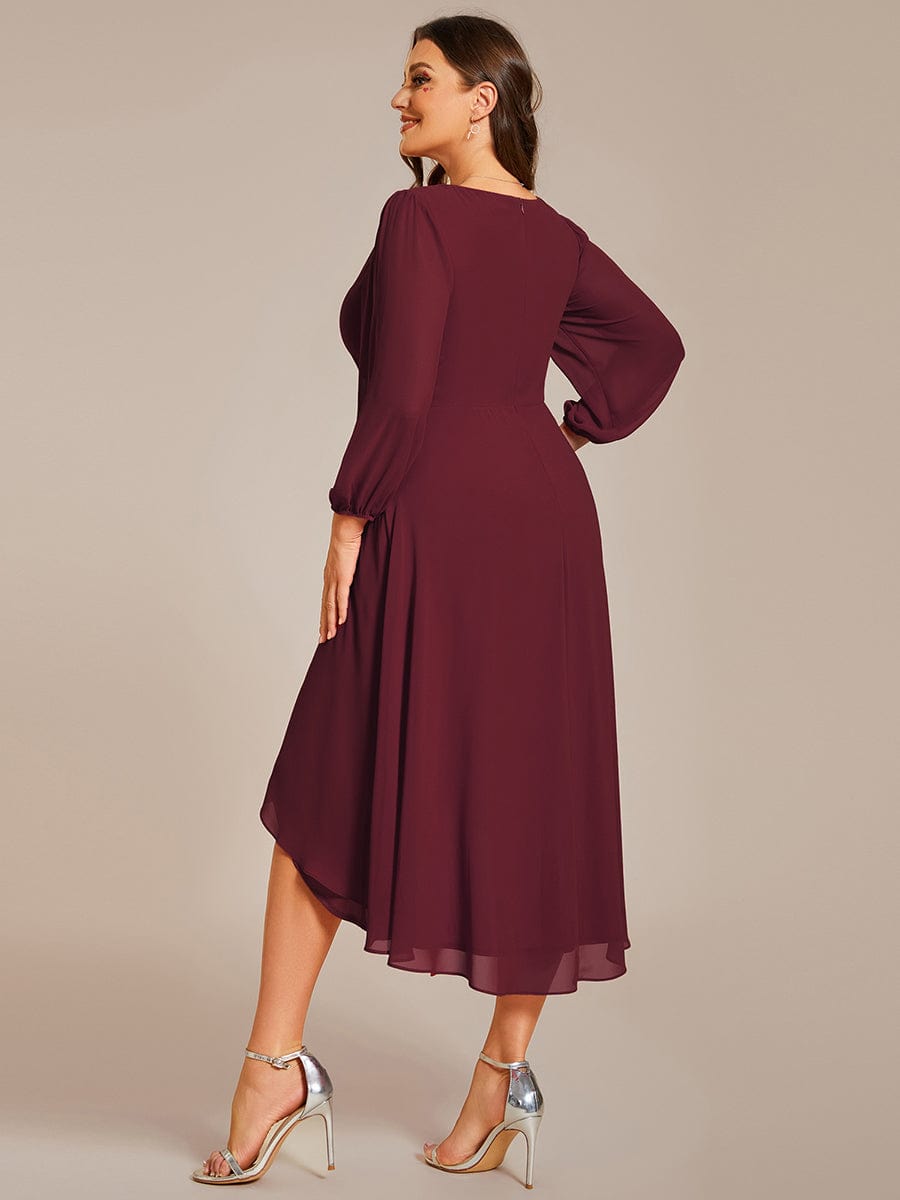 Plus Size Chiffon A-Line Long Sleeves Asymmetrical Hem Wedding Guest Dress #color_Burgundy Plus Size Chiffon A-Line Long Sleeves Asymmetrical Hem Wedding Guest Dress #color_Burgundy