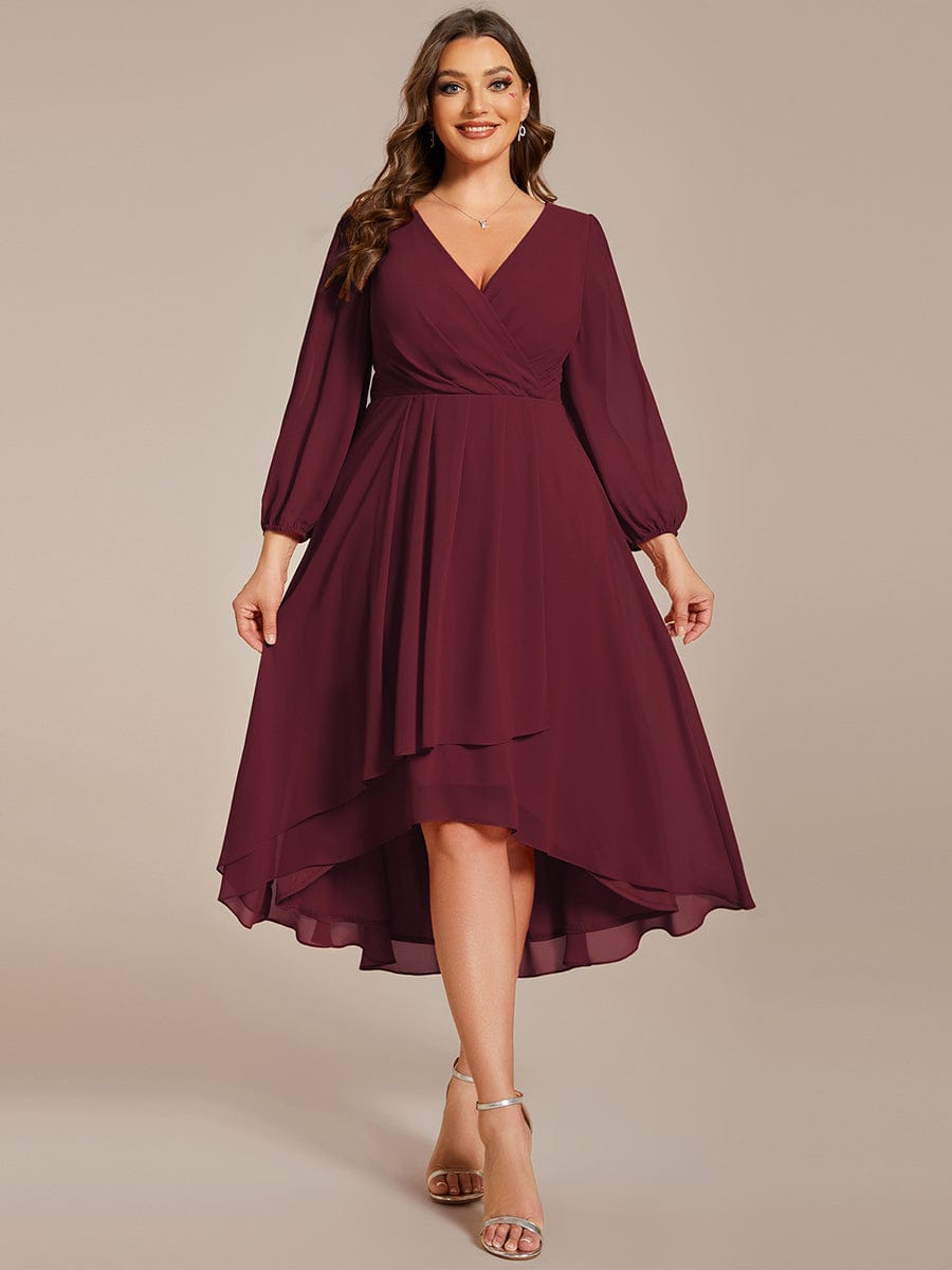 Plus Size Chiffon A-Line Long Sleeves Asymmetrical Hem Wedding Guest Dress #color_Burgundy Plus Size Chiffon A-Line Long Sleeves Asymmetrical Hem Wedding Guest Dress #color_Burgundy