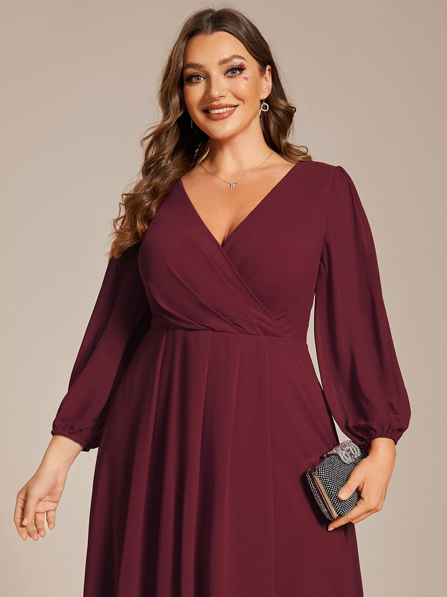 Plus Size Chiffon A-Line Long Sleeves Asymmetrical Hem Wedding Guest Dress #color_Burgundy Plus Size Chiffon A-Line Long Sleeves Asymmetrical Hem Wedding Guest Dress #color_Burgundy