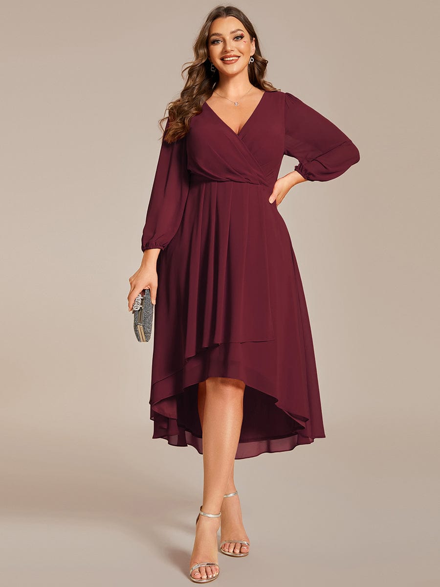 Long Sleeves Asymmetrical Hem A-Line Midi Wedding Guest Dress #color_Burgundy Long Sleeves Asymmetrical Hem A-Line Midi Wedding Guest Dress #color_Burgundy