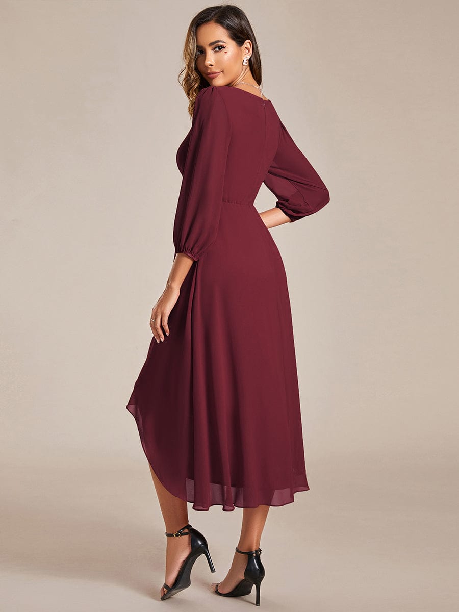 Long Sleeves Asymmetrical Hem A-Line Midi Wedding Guest Dress #color_Burgundy Long Sleeves Asymmetrical Hem A-Line Midi Wedding Guest Dress #color_Burgundy