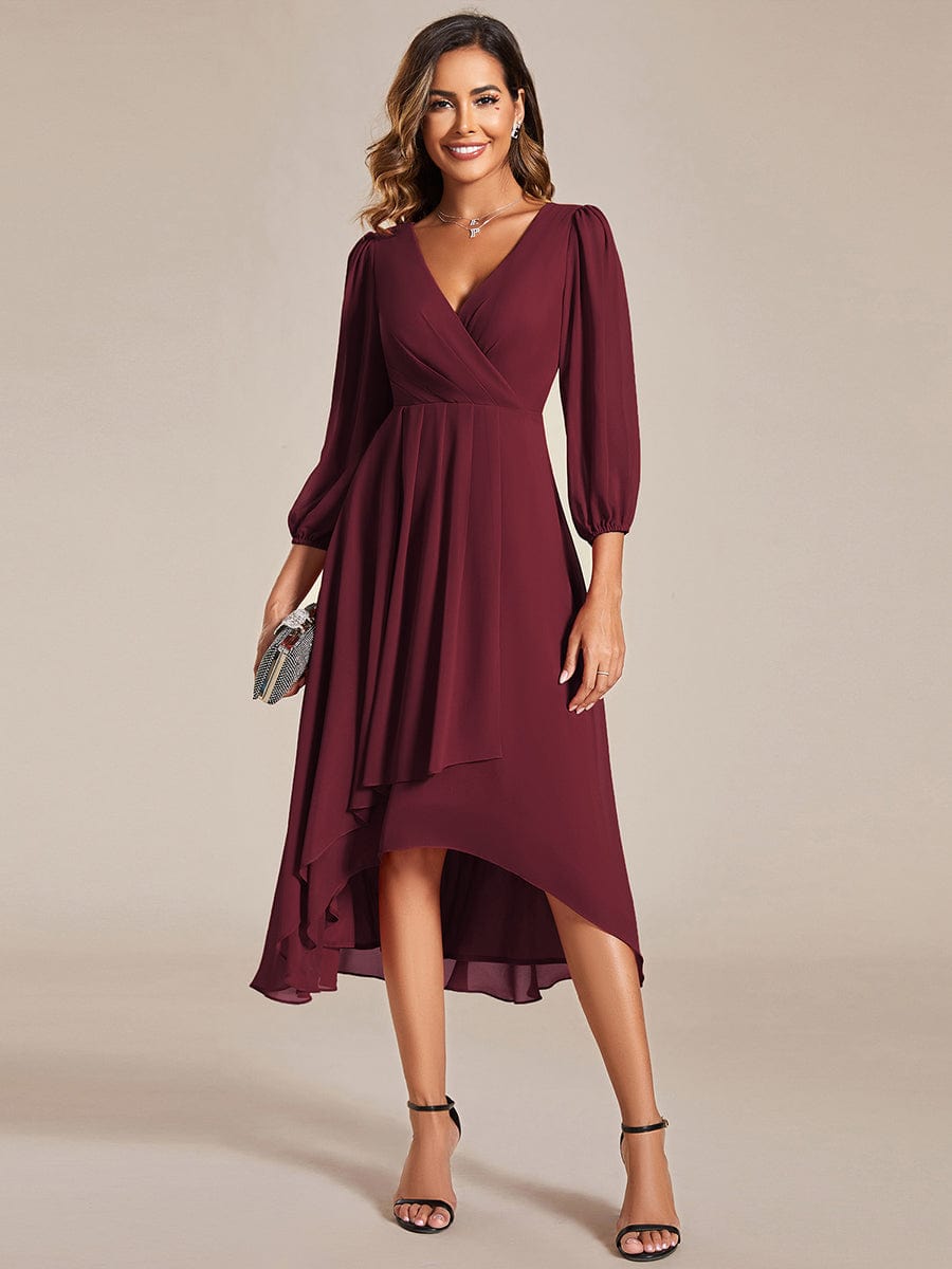 Long Sleeves Asymmetrical Hem A-Line Midi Wedding Guest Dress #color_Burgundy Long Sleeves Asymmetrical Hem A-Line Midi Wedding Guest Dress #color_Burgundy