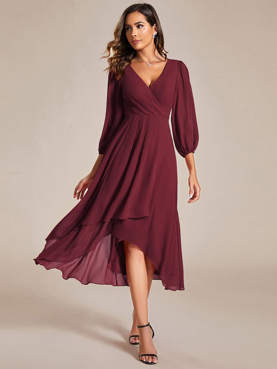 Long Sleeves Asymmetrical Hem A-Line Midi Wedding Guest Dress #color_Burgundy Long Sleeves Asymmetrical Hem A-Line Midi Wedding Guest Dress #color_Burgundy