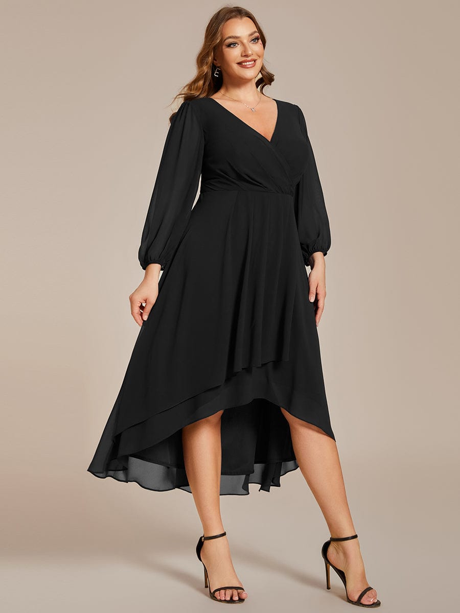 Plus Size Chiffon A-Line Long Sleeves Asymmetrical Hem Wedding Guest Dress #color_Black Plus Size Chiffon A-Line Long Sleeves Asymmetrical Hem Wedding Guest Dress #color_Black