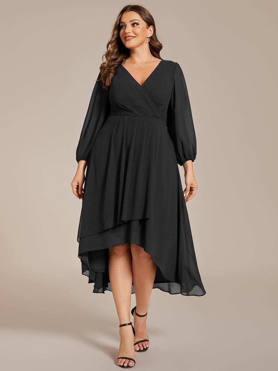 Plus Size Chiffon A-Line Long Sleeves Asymmetrical Hem Wedding Guest Dress #color_Black Plus Size Chiffon A-Line Long Sleeves Asymmetrical Hem Wedding Guest Dress #color_Black