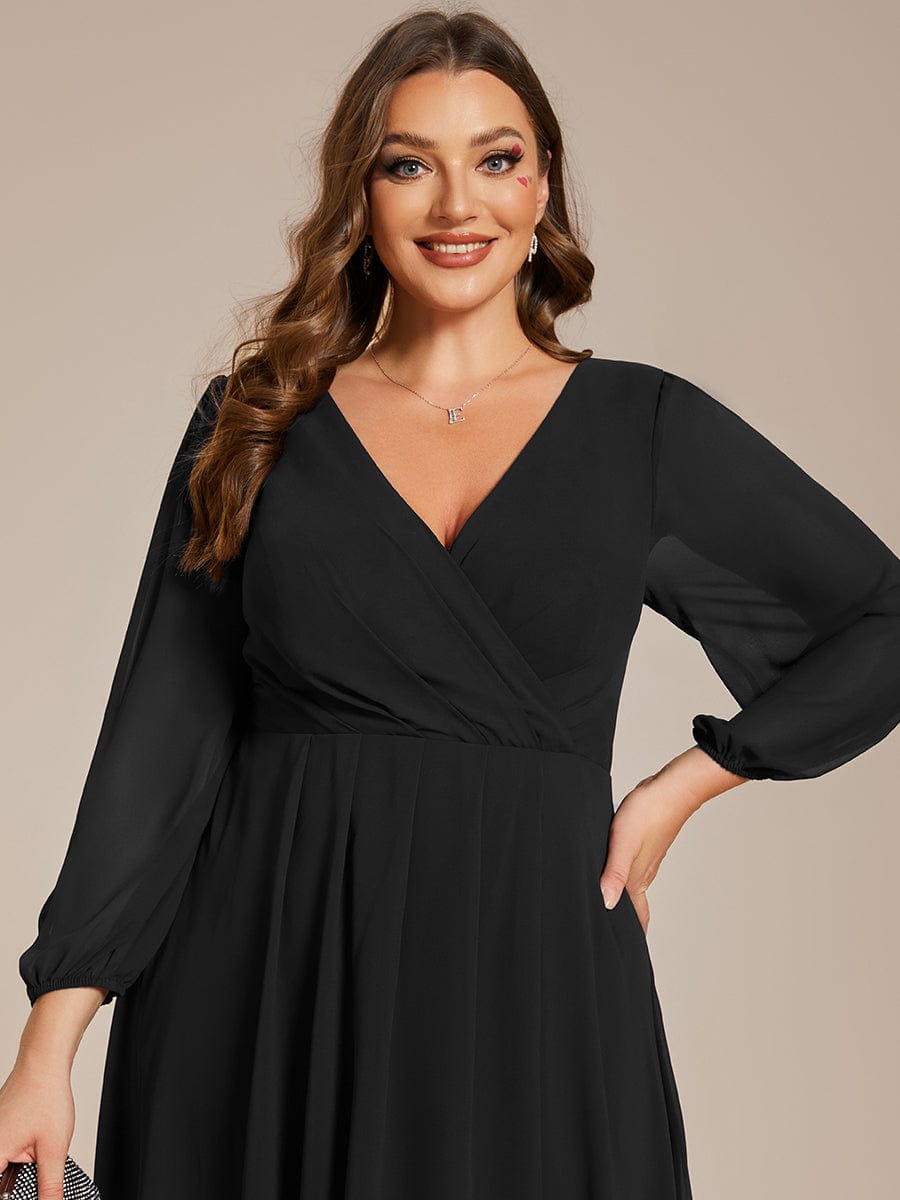 Plus Size Chiffon A-Line Long Sleeves Asymmetrical Hem Wedding Guest Dress #color_Black Plus Size Chiffon A-Line Long Sleeves Asymmetrical Hem Wedding Guest Dress #color_Black