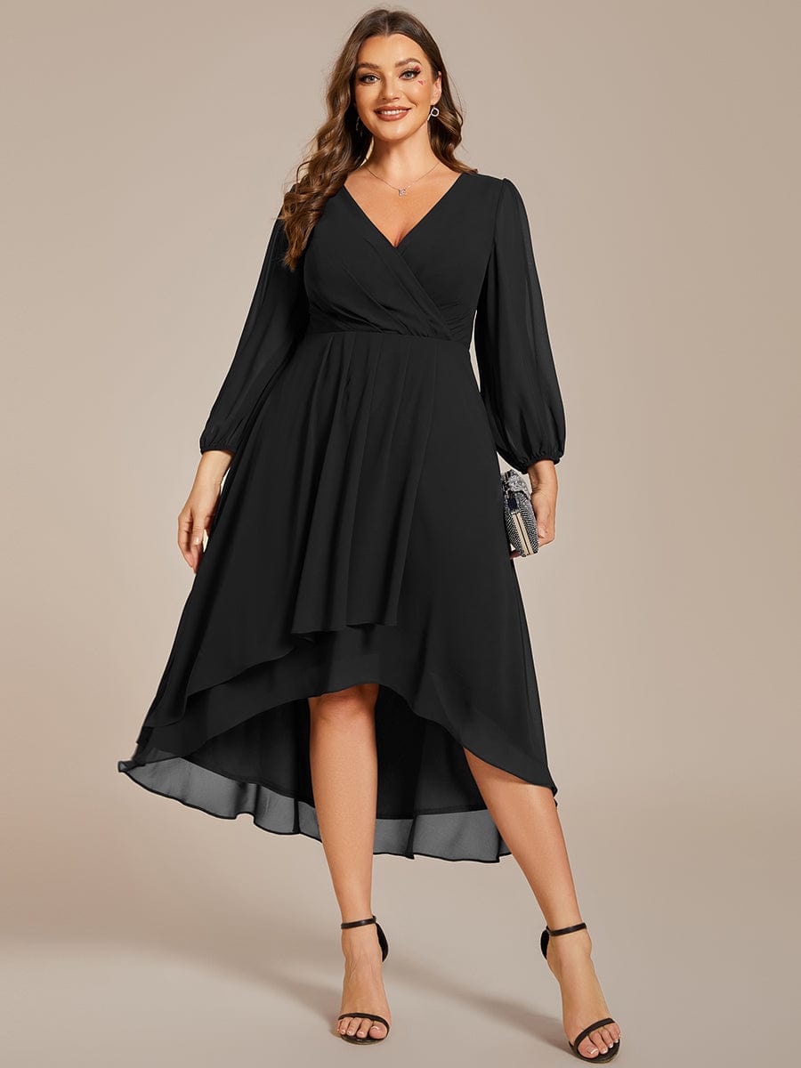 Plus Size Chiffon A-Line Long Sleeves Asymmetrical Hem Wedding Guest Dress #color_Black Plus Size Chiffon A-Line Long Sleeves Asymmetrical Hem Wedding Guest Dress #color_Black