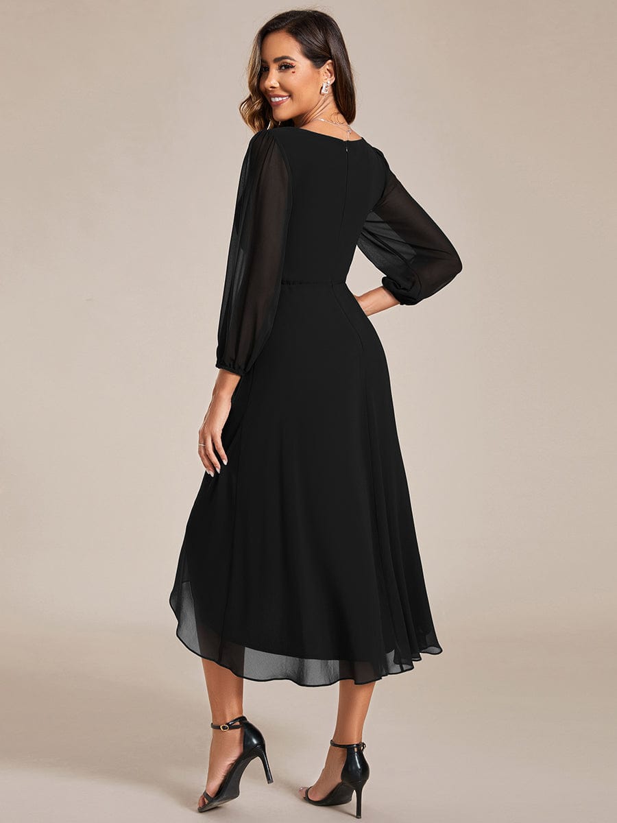 Long Sleeves Asymmetrical Hem A-Line Midi Wedding Guest Dress #color_Black Long Sleeves Asymmetrical Hem A-Line Midi Wedding Guest Dress #color_Black