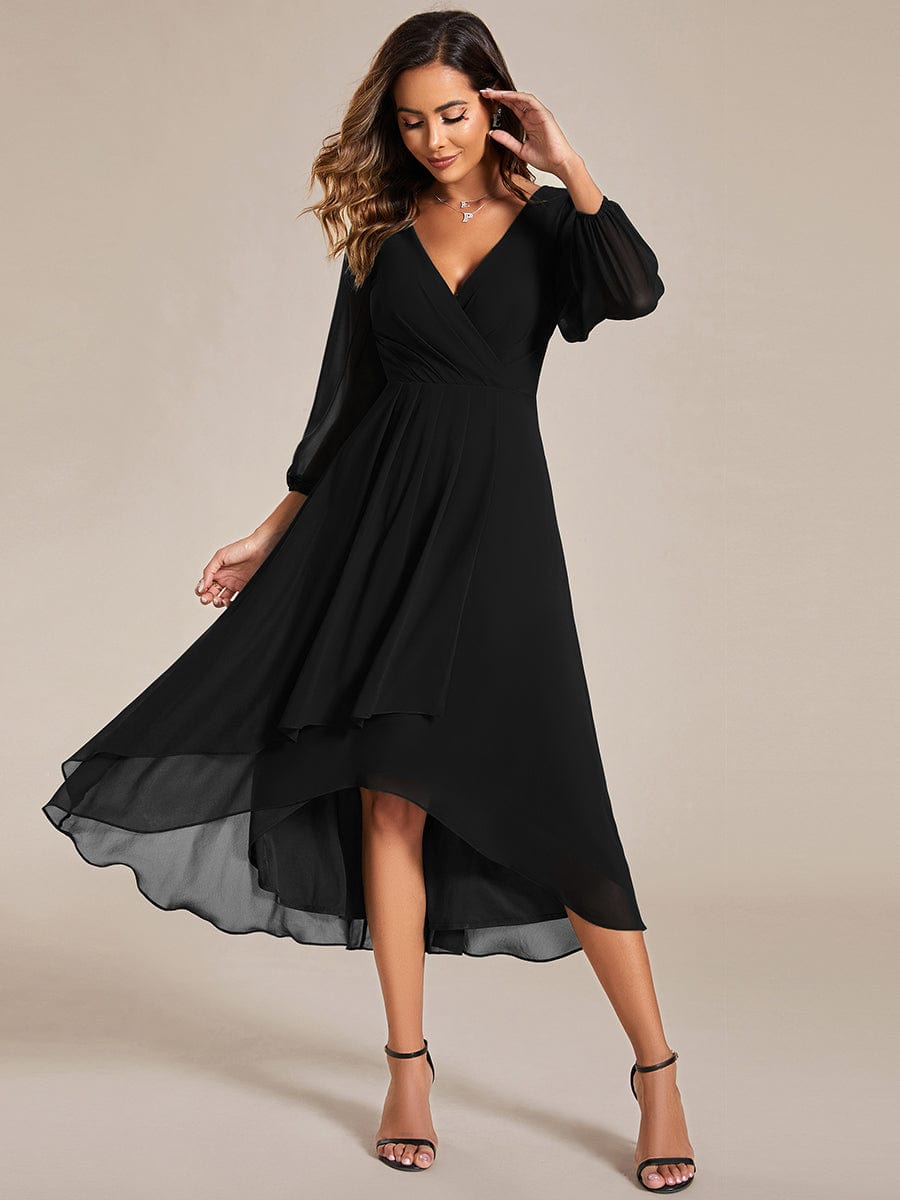 Long Sleeves Asymmetrical Hem A-Line Midi Wedding Guest Dress #color_Black Long Sleeves Asymmetrical Hem A-Line Midi Wedding Guest Dress #color_Black