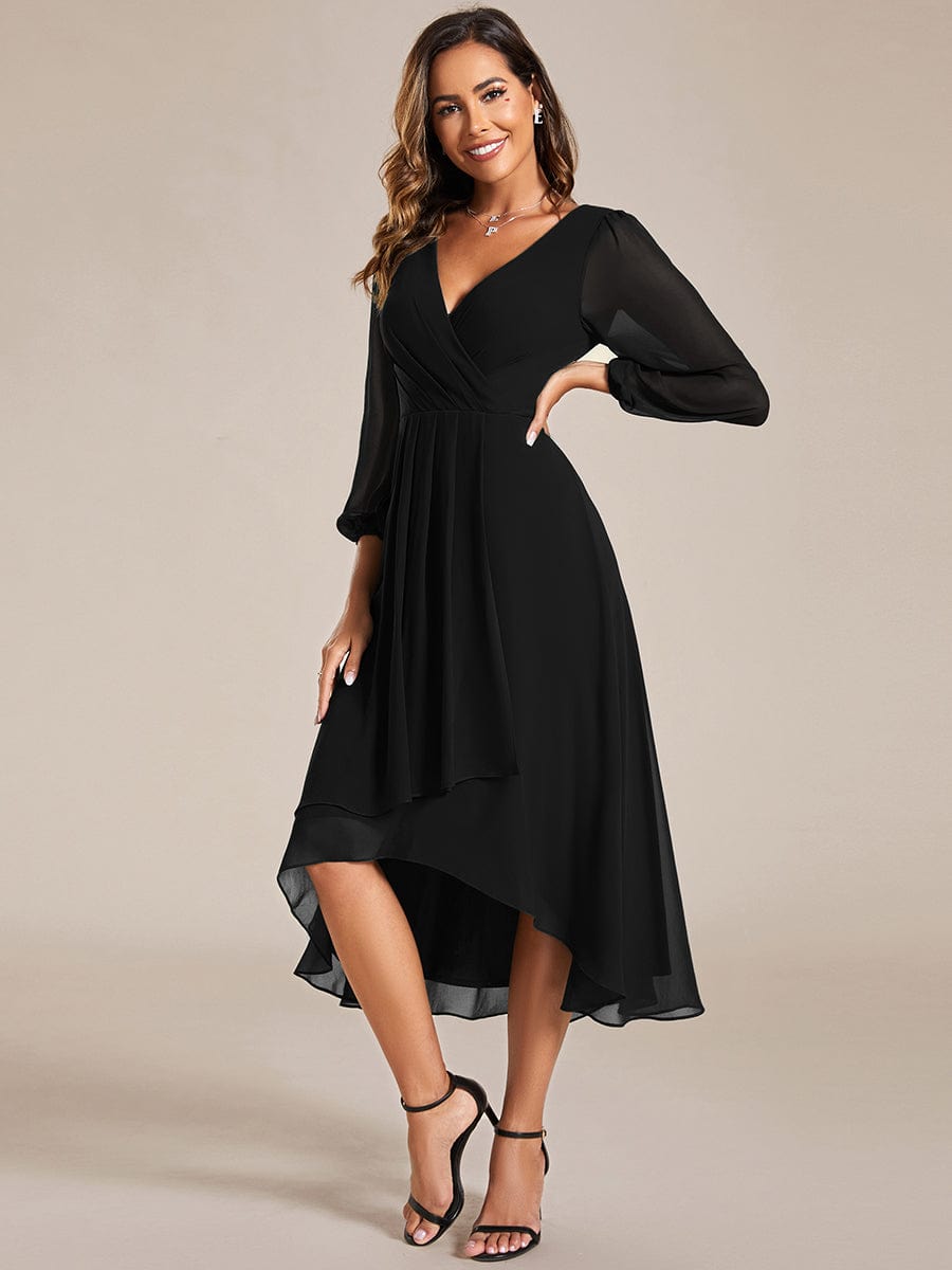 Long Sleeves Asymmetrical Hem A-Line Midi Wedding Guest Dress #color_Black Long Sleeves Asymmetrical Hem A-Line Midi Wedding Guest Dress #color_Black