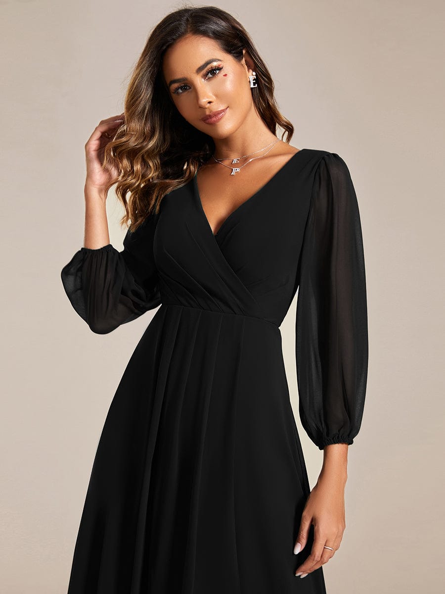 Long Sleeves Asymmetrical Hem A-Line Midi Wedding Guest Dress #color_Black Long Sleeves Asymmetrical Hem A-Line Midi Wedding Guest Dress #color_Black